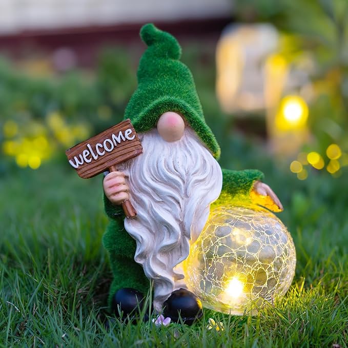 Gnome Garden Statue Figurine Decor with Solar Lights, Outdoor Garden Succulent Ornaments Waterproof Decoration for Outside Patio Yard Lawn Decor
