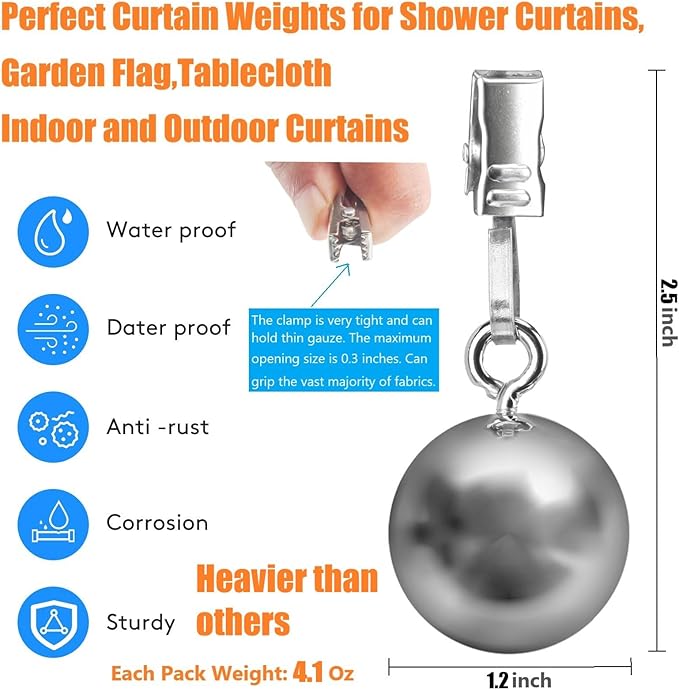 12 Pack Heavy Duty Curtain Weights, Heavy Weights for Outdoor Curtains of Pergola Patio Gazebo Cabana, Stainless Steel Weight Clip Down Curtain, Garden Flag, Shower Curtain, Tablecloth
