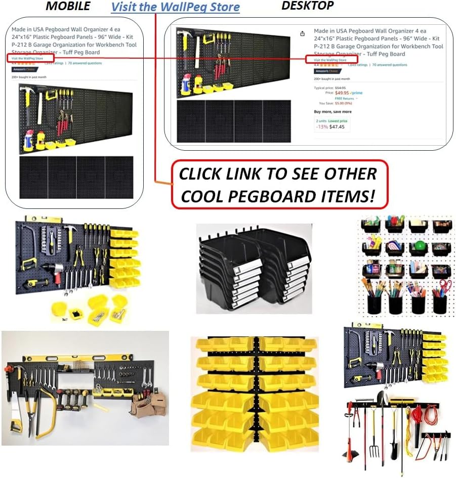 WallPeg 2 Black Pegboard Panels (24"x16" Each) with 36 Assorted Peg Hooks β Heavy-Duty Peg Board Garage Organizer Kit β Patented Flex-Lock Hooks β Made in USA Wall Storage System