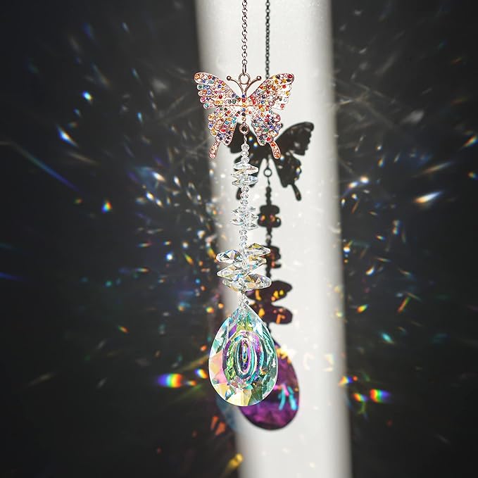 Suncatcher with Crystals,Colorful Crystal Butterfly Rhinestones Suncatcher Window Hanging,Crystal Prism Hanging Ornament,Rainbow Maker Decoration for Home, Garden, Wedding, Party & Christmas