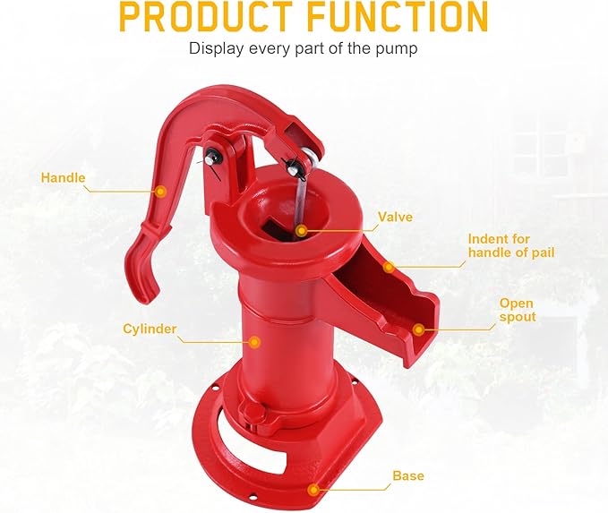 Samger Antique Pitcher Hand Water Pump Cast Iron Red Hand Well Pump 25ft Maximum lift Manual Water Transfer Pump Boost Fountain for Outdoor, Yard, Pond, Garden Decoration Kit