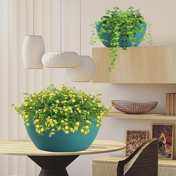 WOUSIWER 13 inch 2 Pack Large Hanging Planters for Indoor Outdoor Plants with Drainage Holes and Chain, Round Hanging Flower Pots for Garden Home Porch Decor, Myrtle Green