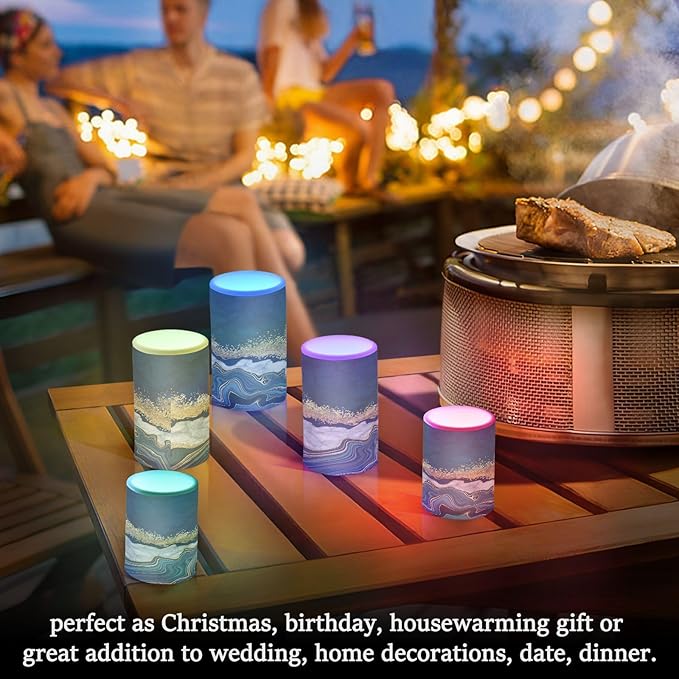 Flickering Flameless Candles, Navy Blue Marble Golden Veins LED Candles with Remote Timer, Set of 2 Battery Operated Candle for Valentine Wedding Birthday