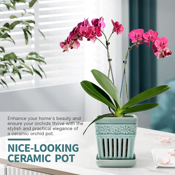 Orchid Pots with Holes | 5" Ceramic Orchid Planter with Separate Saucer and Drainage Holes | Crackle Glazed Pottery Small Flower Pot for Repotting Orchids(Blue)