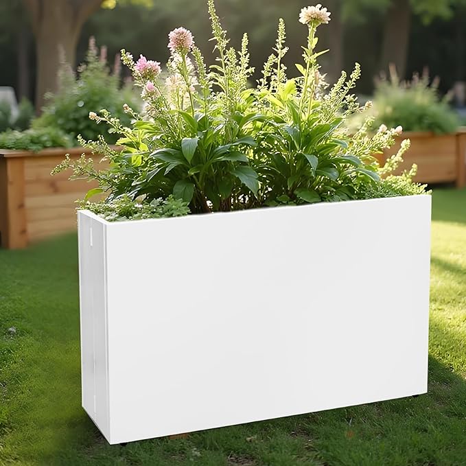 Galvanized Steel Planter Box-No Installation Required Metal Rectangular Block Long Box Planter Modern Outdoor Planters All-Weather Use with Drainage Holes for Patio/Porch, 36×24×12IN(White)