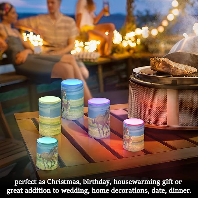 Flickering Flameless Candles, Beautiful Horses Summer Field LED Candles with Remote Timer, Set of 2 Battery Operated Candle for Valentine Wedding Birthday