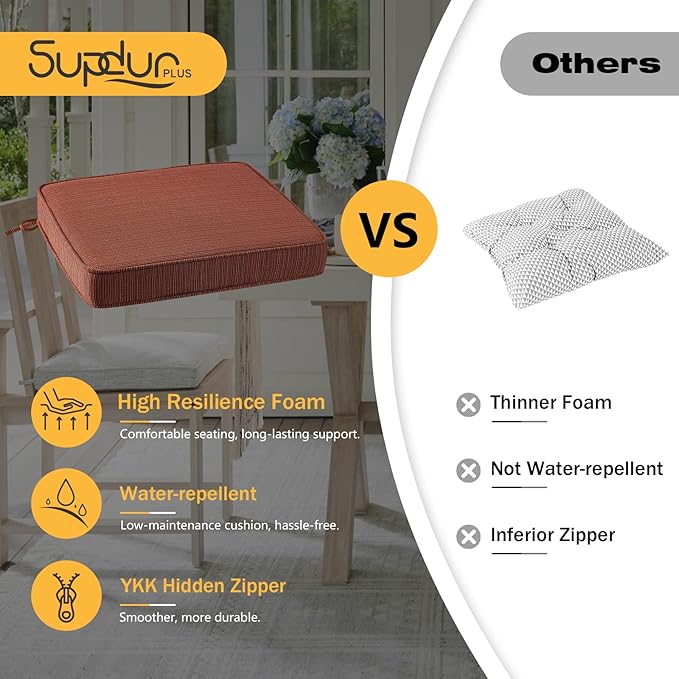 Outdoor Square Corner Seat Cushion, 19"x19"x3", Set of 4, Non Slip Seat Cushion Pads with Removable Cover for Patio Furniture, Garden Yard Lawn, Dark Yellow Tan Stripe