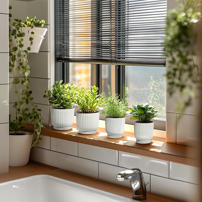 T4U 6 Inch Self Watering Pots for Indoor Plants, 6 Pack White Plastic Flower Pots for All House Plants, Flowers, African Violets