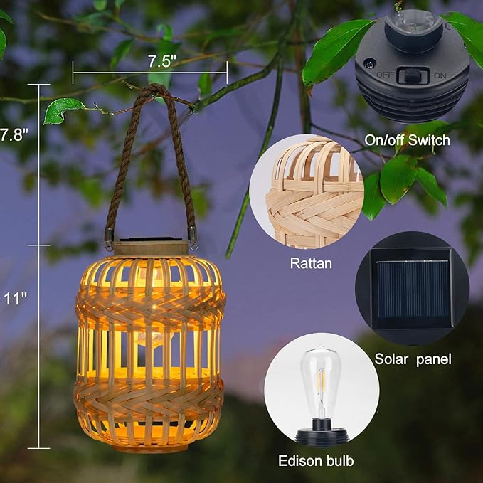 Solar Lanterns Outdoor Hanging Lights Rattan Bamboo Solar Light Waterproof with Twine Handle Garden Decorative Table Lamp for Yard Tabletop Patio Tree Pathway Home Decoration