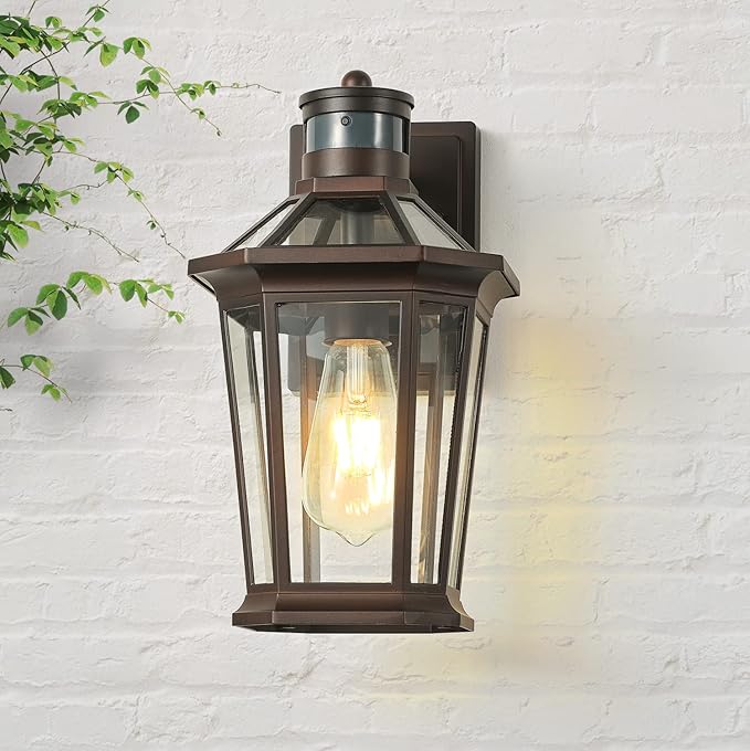 VIANIS Oil Rubbed Bronze Dusk to Dawn Motion Sensor Porch Light, Anti-Rust Aluminum Frame, Tempered Glass, 100% Weather Resistant, Easy Installation, Fits Standard E26 Bulbs