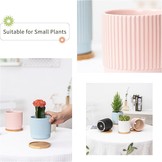 AOMRYOM 4.25 Inch Ceramic Plant Pots with Drainage Holes and Trays, Small Flower Planters Home Decor for Indoor Plants, Succulents, Cactus, Herbs, Multi-Color Stripe, 4 Packs (Plant Not Included)