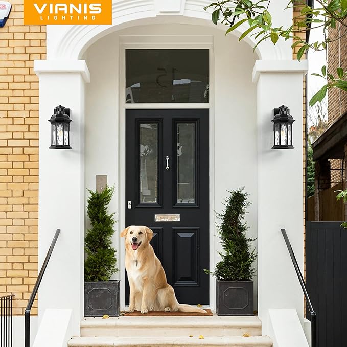 VIANIS Motion Sensor Outdoor Wall Lights, 2-Pack Black Outdoor Light Fixture, Exterior Lights for House, Front Porch Light Lantern Wall Mount Sconce Lighting, Dusk to Dawn Outside Lights for Patio