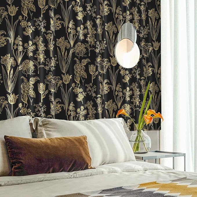 Dimoon 393"x17.3" Floral Wallpaper Peel and Stick Flowers Golden Black Contact Paper Thicken Waterproof Modern Self Adhesive Plants Wallpaper Removable Wall Paper Shelf Vinyl Roll