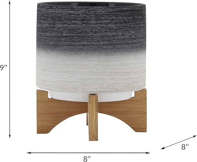 Sagebook Home 8" Planter on Stand - Ceramic Planter on Wooden Base - Contemporary Gray and White Textured Design Indoor or Outdoor Plant Stand Decor