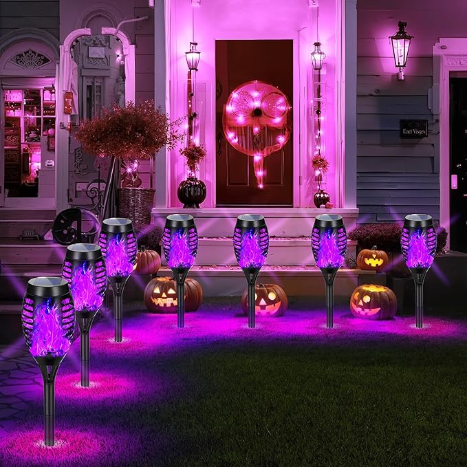 8 Pack Solar Torch Lights Outdoor Waterproof - Purple Flickering Flame, Outdoor Solar Garden Lights for Yard, Tiki Torches for Outside Patio Pathway Decorations