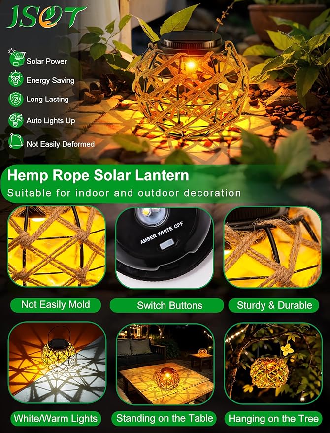 JSOT Solar Hanging Lights - Outdoor Lanterns Solar Light for Outside Hanging Lanterns Decorative Gifts for Women Front Porch Patio Yard Garden Tree Warm White 1 Pack