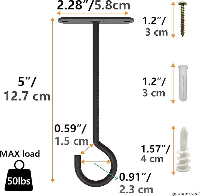 NACETURE Ceiling Hooks Heavy Duty 6 Pack - Plant Hooks for Ceiling Hanging Hook for Hanging Basket Hook, Light, Bird Feeders, Wind Chimes Décor Indoor & Outdoor (5" Black 6 Pack)