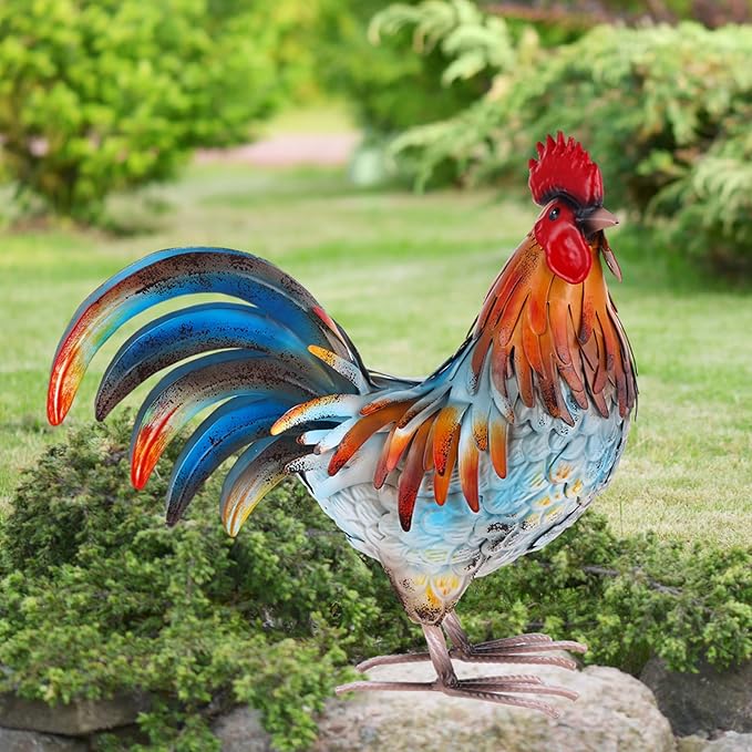 Metal Rooster Decor Garden Statue,Yard Chicken Decorations Outdoor Sculpture for Backyard Patio Kitchen Lawn Ornaments,Birthday for Women Mom