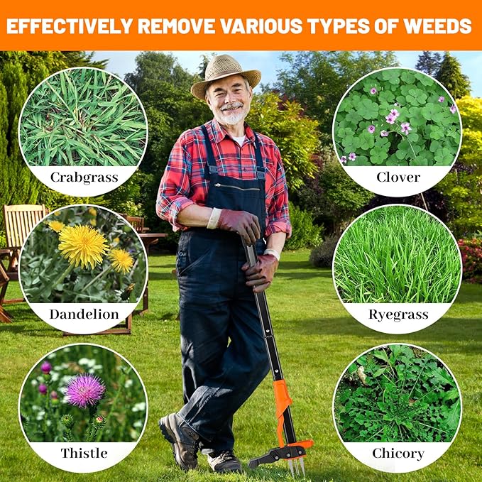 Weed Puller Tool, Stand Up Weed Puller Heavy Duty, Weeding Tool with 39" Ergonomic Long Handle and 4 Manganese Steel Claws, Easy Eject Mechanism, Weeding Without Bending, Pulling, or Kneeling