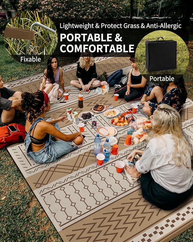 Outdoor Rug Carpet Waterproof 8x10 ft Patio Rug Mat Indoor Outdoor Area Rug for RV Camping Picnic Reversible Lightweight Plastic Straw Outside Rug for Patio Decor Decoration Boho Rug Brown Beige