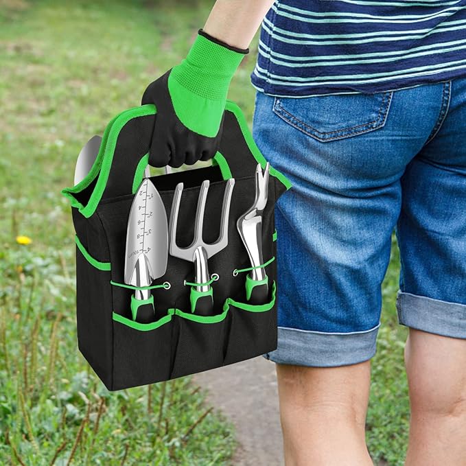 sungwoo Garden Tool Set 8 Piece, Heavy Duty and Lightweight Aluminium Alloy Tools with Ergonomic Handle, Storage Tote Bag, Gardening Hand Tools, Gardening Gifts for Women and Men Green