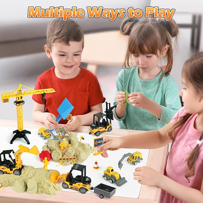 Sand Construction Site Kit - 37 Pcs Play Sand Art Kit with 8 Construction Trucks, Folding Sandbox, 2.2 lbs Magic Sand, Crane, Worker, Road Signs, Molds, Shovel - Ideal Toys for Boys Girls Age 3+
