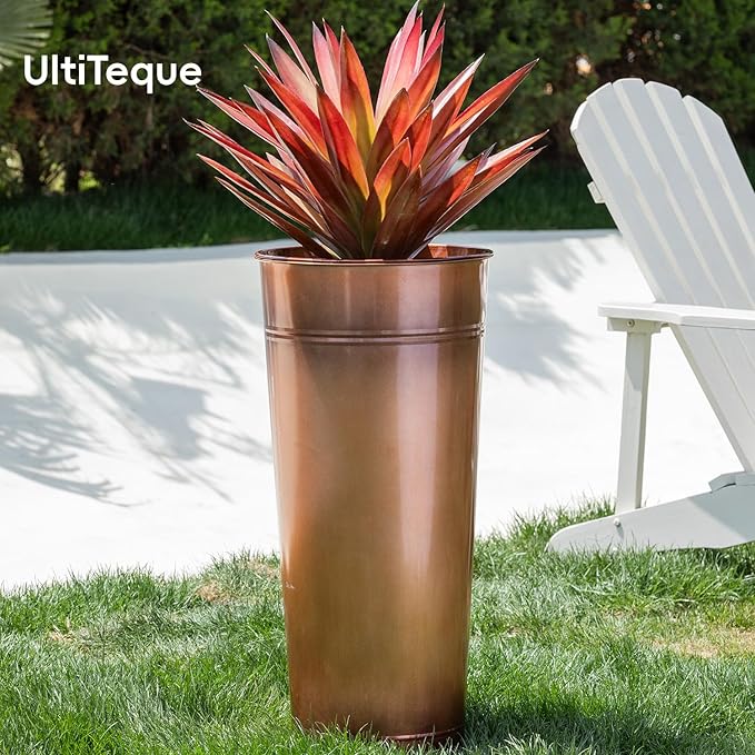 28in Tall Antique Copper Metal Vintage Planter Set of 2,Galvanized Steel Planter Pots for porches/Indoor/terraces Patio- Copper Color(2planters,2inner pots with Holes, 2trays)