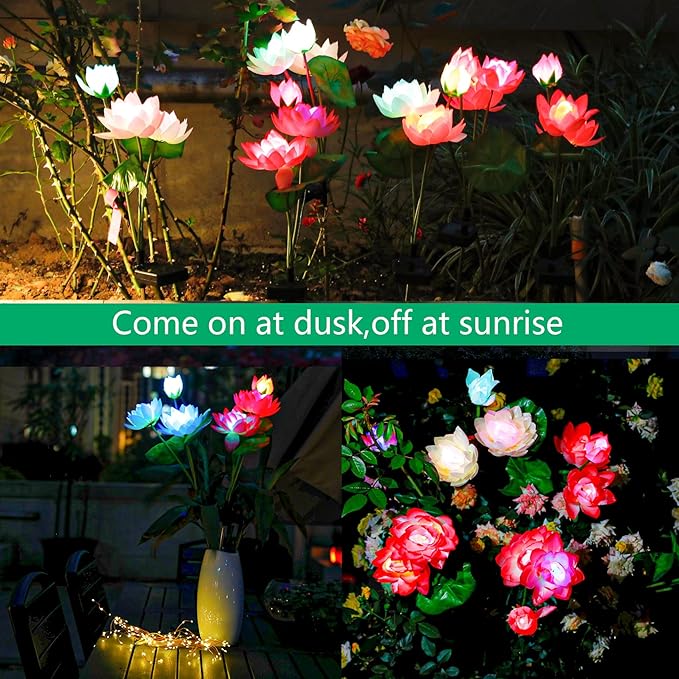 TONULAX Solar Garden Lights, Lotus Flower Lights, Outdoor Light for Garden, Patio, Yard Decoration, 7 Color Changing Decorative Light, Larger Solar Panel(4 Pack)