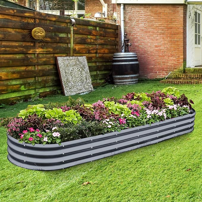 Land Guard 8×2×1ft Galvanized Raised Garden Bed Kit, 108 Gallon Capacity Raised Garden Boxes Outdoor, Oval Metal Raised Garden Beds for Vegetables, Modern Grey(with 10 Connecting rods)