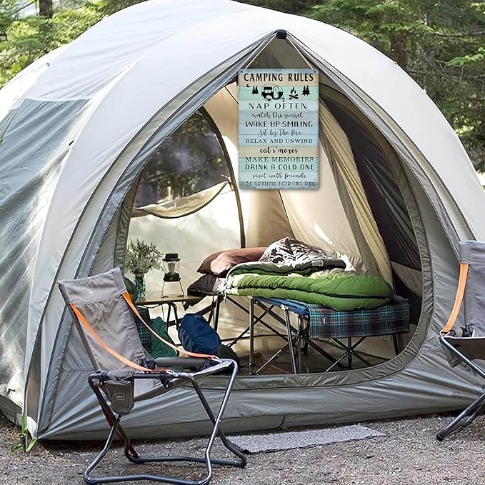 Camping Decor For Camper Camping Rules Sign Metal Tin Signs Lake Camper Door Decorations For Inside Funny Camping Themed Decor Rv Wall Art Decor Cabin Sign 12 X 8 Inch