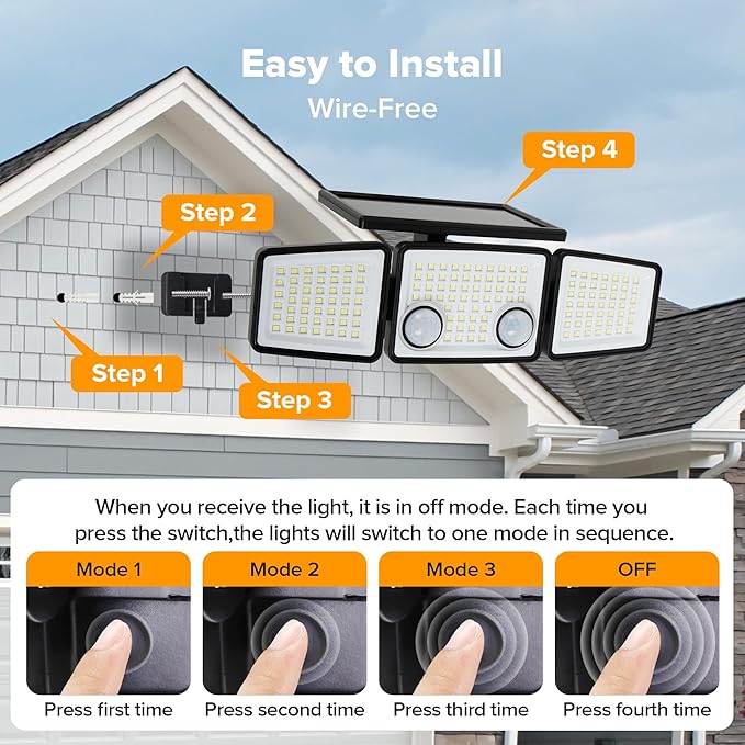 UME Solar Outdoor Lights 3000 Lumen 7000K, 152 LED Super Bright Motion Sensor Outdoor Lights with 2 Sensors, IP65 Waterproof 270 Wide Angle Solar Flood Lights with 3 Modes for Garden - 6 Pack