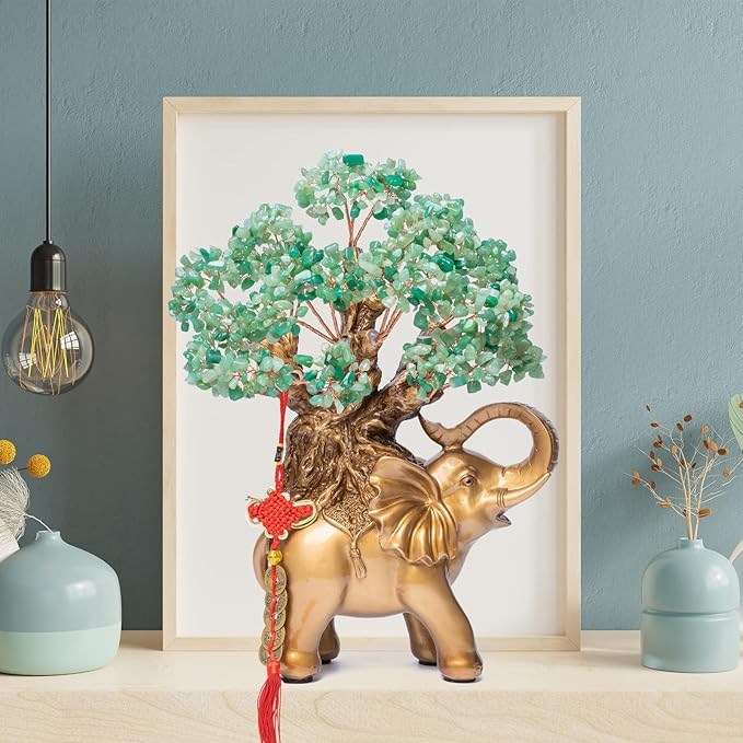 Green Aventurine Crystal Money Tree on Gold Elephant Statue, 17”Large Gemstone Bonsai Tree of Life Home Décor Gifts for Wealth Positive Energy, Feng Shui Décor