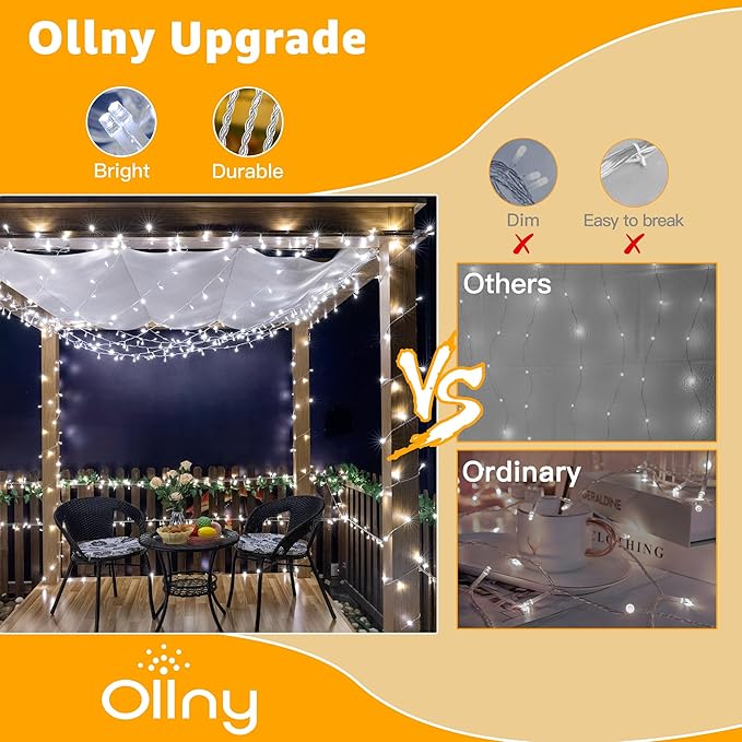 Ollny 120LED 40FT String Lights, Waterproof Connectable Fairy Lights with Timer 8 Modes, Cool White Plug in Christmas Light for Indoor Outdoor Patio Party Bedroom Classroom Decor