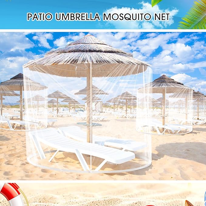 Windyun 2 Pcs 7 to 10 ft Patio Umbrella Mosquito Netting with Double Zipper Door, Screen Universal Hanging Mosquito Net for Patio Polyester Mesh Umbrella Screen for Outdoor and Patio Tables(White)