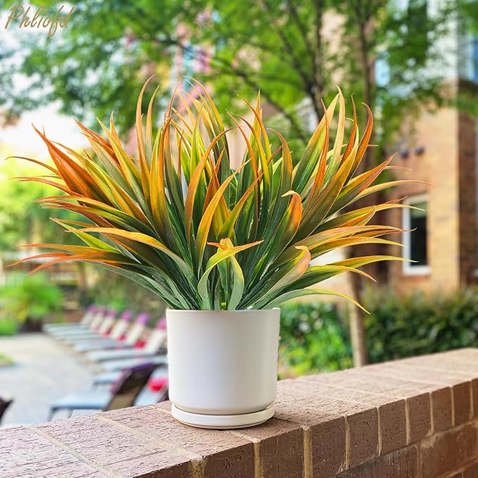 16Pcs Artificial Grass Fake Plants 17.3in Outdoor Plastic Plants UV Resistant Greenery Fake Grass for Home Window Garden Office Patio Hanging Planter Pathway Front Porch Décor Orange Yellow