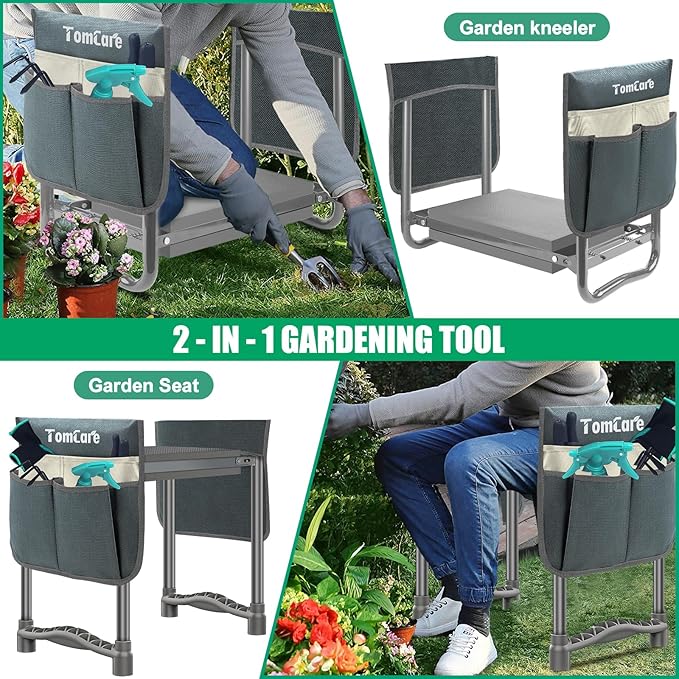 TomCare Garden Kneeler and Seat 10.64” Wider Larger Soft Kneeling Pad Garden Bench with 2 Large Tool Pouches Heavy Duty Garden Stool Foldable Tools Gardening Gifts for Women Men Gardeners,Grey