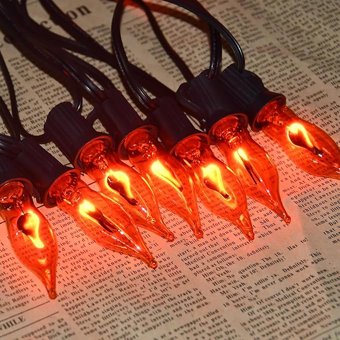 27.8Ft Halloween Decorations Flickering Flame String Lights with 27 Pack Orange Clear Flame Light Bulbs (4 Spare E12 Bulbs), Orange Christmas Lights Outdoor for Home Party Christmas Halloween Decor