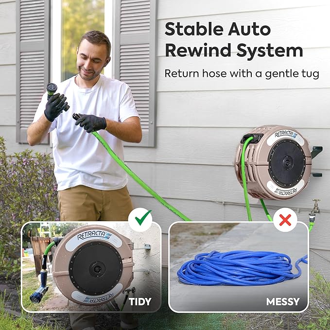 Macnaught Retractable Garden Hose Reel, 60 Ft Water Hose Reel Heavy Duty Retractable Hose with Metal 180° Swivel Rotation Bracket for Wall Mount - Beige