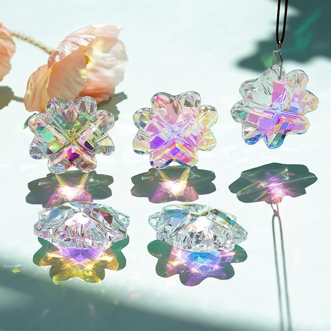 Set 6,AB Coating Four Leaf Lucky Clover Crystal Prisms Suncatchers for Windows,Rainbow Maker Hanging Prisms for Wedding Party Tree Garlands Ornaments Christmas Decorations Clearance,45mm