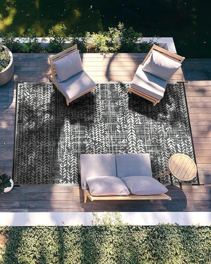 MontVoo Outdoor Rug Waterproof-Patio Rug Mat 5x8 Outdoor Carpet Reversible RV Camping Picnic Plastic Straw Rug Outside Outdoor Area Rug for Balcony Deck Backyard Patio Decor Boho Modern Abstract