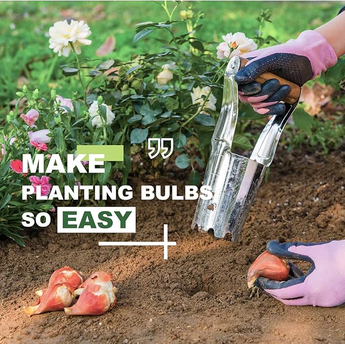 Haliaeetus Bulb Planter Tool, 4 inches Depth Mark Hand Bulb Planter, Non-Bending Stainless Steel Bulb Planter Digger, Garden Bulb Transplanter with Comfortable Wood Handle for Planting Tulip, Daffodil