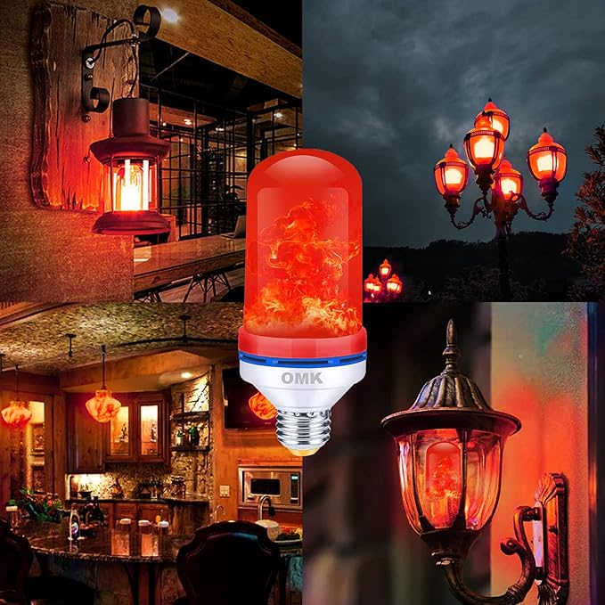 OMK Flame Light Bulb Christmas Decor (4 Pack) Red Color Led Flickering Fire Simulated Lamps 3W Energy Efficient Fire Lights for Indoor Outdoor Holiday Decoration Gifts