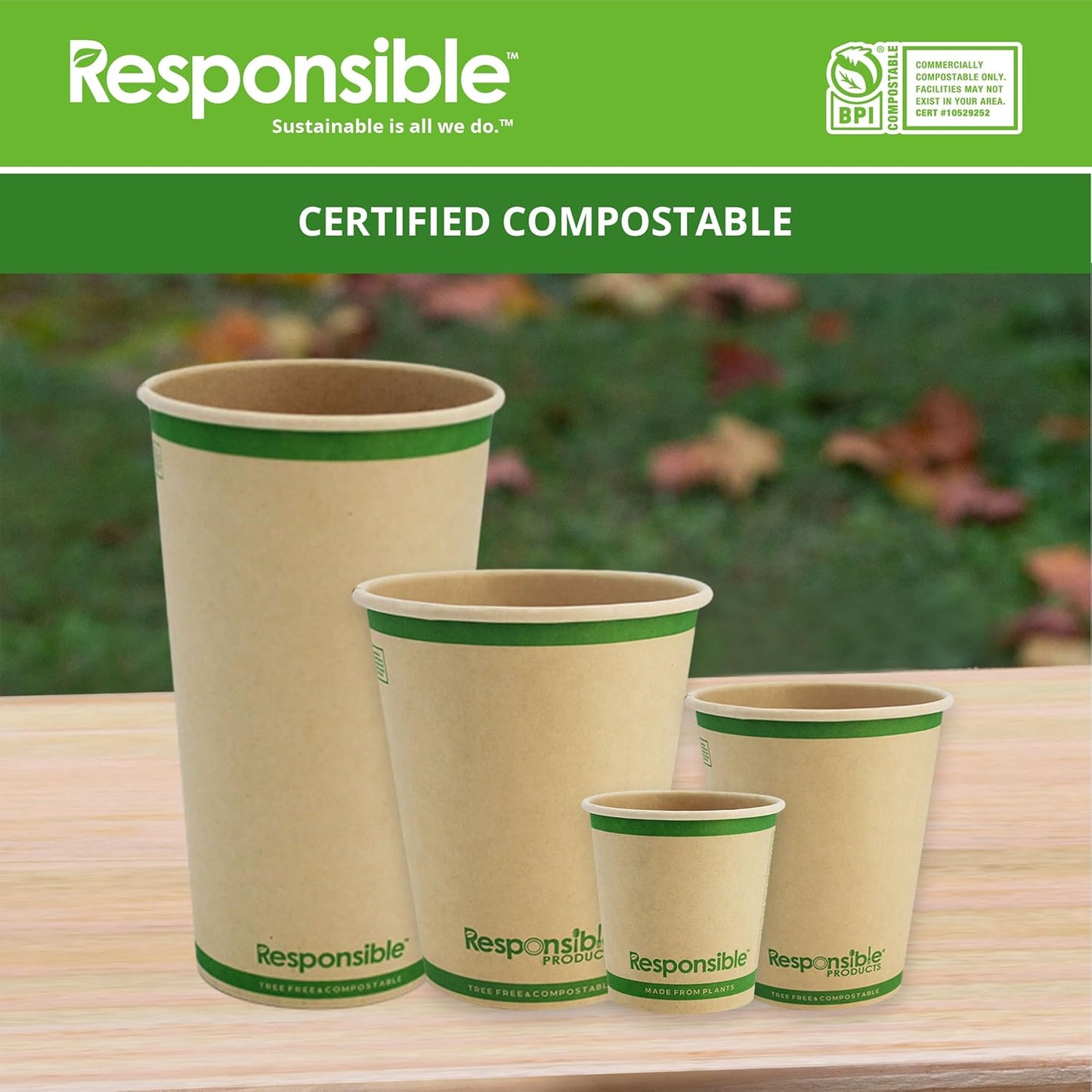 Certified Compostable 20 oz Paper Cups, Cold & Hot Coffee Cups, Disposable Paper Cups, Extra Strength Disposable Cups, Made without PFAS (50 count)