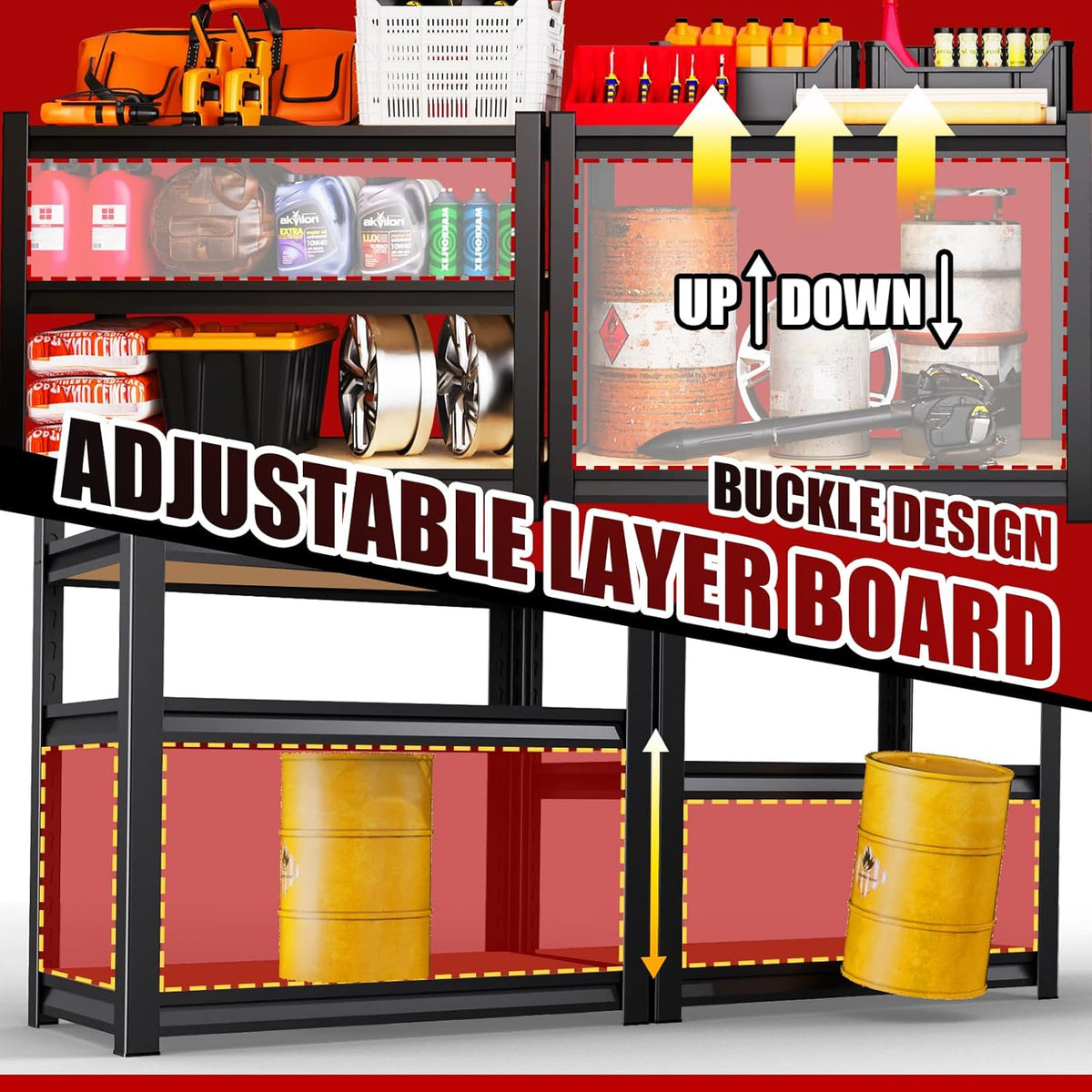 72''H*46''W Garage Shelving, 2500LBS Heavy Duty Shelvings, Adjustable Garag Storage Shelves, 5 Tier Metal Shelving Unit Wood Storage System Utility Storage Rack for Industrial, Warehouse, Basement
