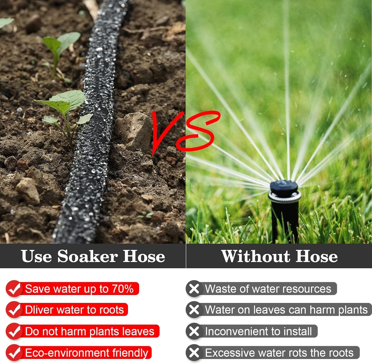 Soaker Hose 50 FT Pro for Garden Beds 1/2 Inch Rubber Longer Lasting Drip Irrigation Save 70% of Water Various Accessories Great for Lawn and Yard