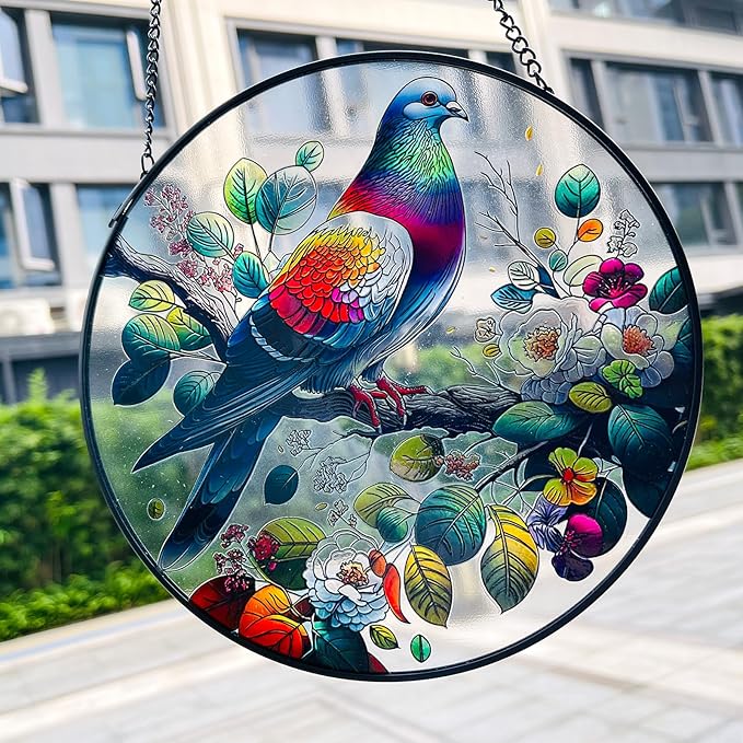 RIVEENY Stained Glass Window Hangings,8" Suncatcher Stained Glass Window Panels,Stained Panel Hangings Gift Women Girls Thanksgiving Birthday Gifts for Mom Grandma (Pigeon)