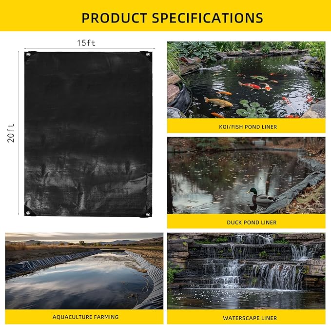 TEZONG Pond Liner,15x20Ft Pond Liners for Outdoor,28Mil PE Black Koi Fish Pond Liners,Reinforced Pond Underlayment for Water Garden,Waterfall,Fountain