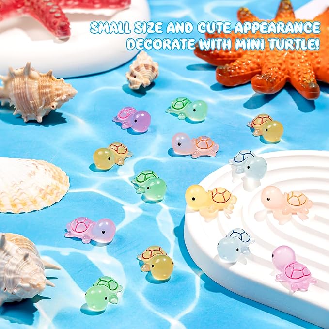 50PCS Luminous Mini Resin Turtles Sea Turtles Figurines Glow in The Dark, Cute Tiny Turtles Bulk for Cake Toppers Ocean Animal Theme Decor Garden Micro Landscape DIY Hidden Game (6 Colors)