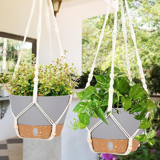 QCQHDU 2 Pack Hanging Planters for Indoor Plants, Outdoor Hanging Baskets, Self Watering Pots with Drainage Holes & Removable Tray (Light Grey, 10 inch, Macrame Hanger)