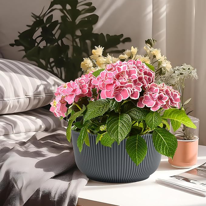 T4U 12 Inch Large Self Watering Plant Pots, Wide Self Watering Planter with Drainage Hole, Large Plant Pots Flower Pot for Plants, Set of 2,Gray